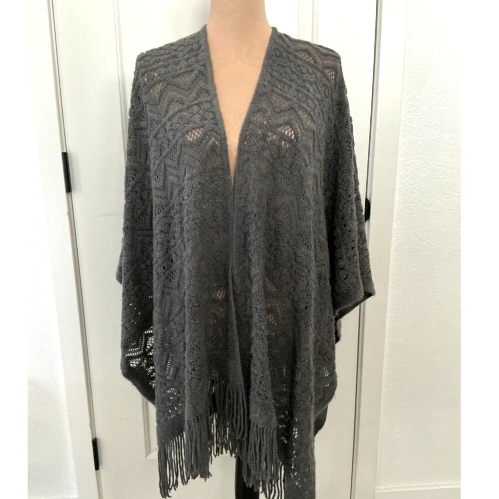 Charming Charlie Gray Open Knit Ruana Poncho Shawl Wrap Fringe One Size